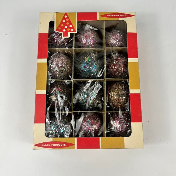 Vtg Decorated Shiny Brite Glitter Shard Glass Ornaments Set of 12 Mixed USA - Picture 3 of 16